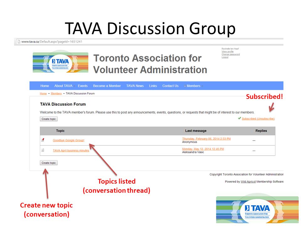 TAVA Discussion Group Create new topic (conversation) Topics listed (conversation thread) Subscribed!