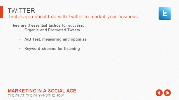 Tactics you should do with Twitter to market your business TWITTER MARKETING IN A SOCIAL AGE THE WHAT, THE WHY AND THE HOW Here are 3 essential tactics for success: Organic and Promoted Tweets A/B Test, measuring and optimize Keyword streams for listening