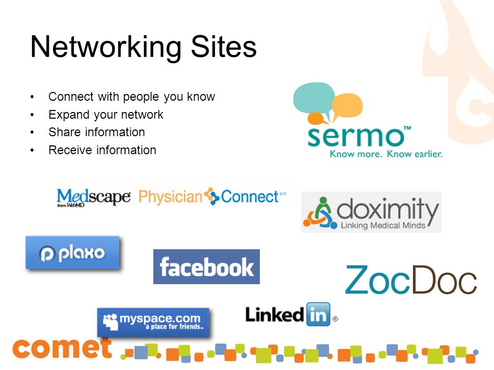 Networking Sites Connect with people you know Expand your network Share information Receive information