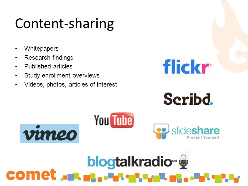 Content-sharing Whitepapers Research findings Published articles Study enrollment overviews Videos, photos, articles of interest