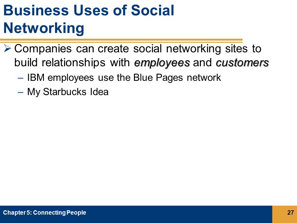 Business Uses of Social Networking employeescustomers  Companies can create social networking sites to build relationships with employees and customers –IBM employees use the Blue Pages network –My Starbucks Idea Chapter 5: Connecting People27