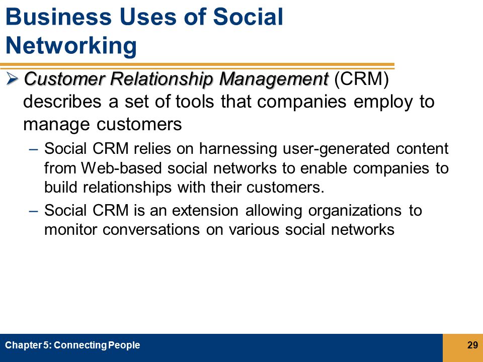 Business Uses of Social Networking  Customer Relationship Management  Customer Relationship Management (CRM) describes a set of tools that companies employ to manage customers –Social CRM relies on harnessing user-generated content from Web-based social networks to enable companies to build relationships with their customers.