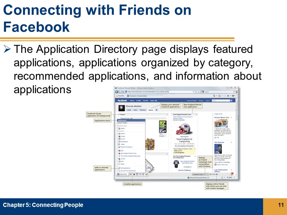 Connecting with Friends on Facebook  The Application Directory page displays featured applications, applications organized by category, recommended applications, and information about applications Chapter 5: Connecting People11