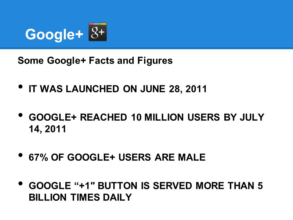Google+ Some Google+ Facts and Figures IT WAS LAUNCHED ON JUNE 28, 2011 GOOGLE+ REACHED 10 MILLION USERS BY JULY 14, % OF GOOGLE+ USERS ARE MALE GOOGLE +1″ BUTTON IS SERVED MORE THAN 5 BILLION TIMES DAILY