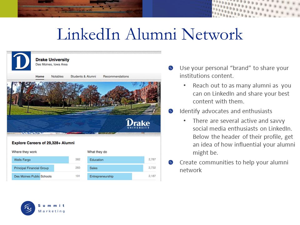 LinkedIn Alumni Network Use your personal brand to share your institutions content.