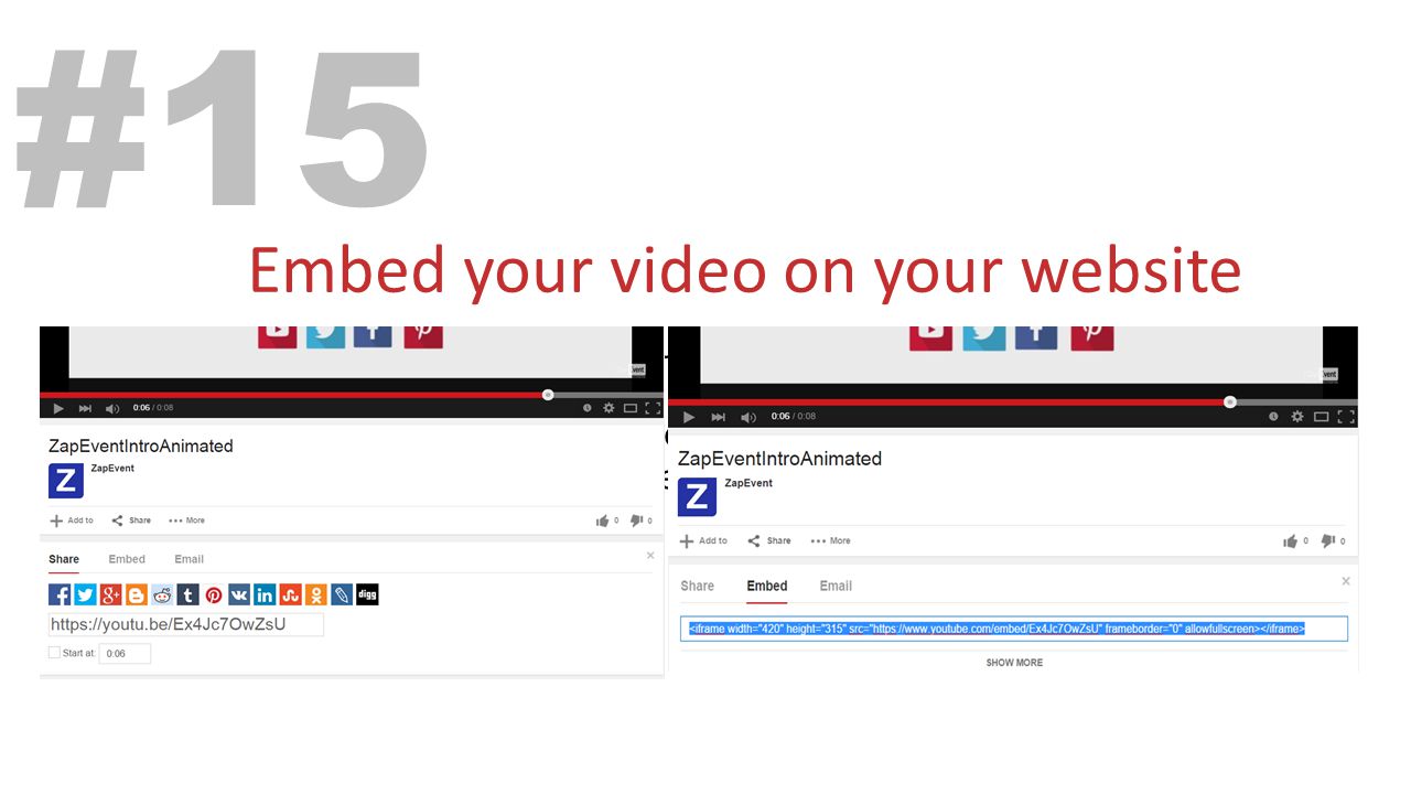. #15 Embed your video on your website Increase the visibility of your video on YouTube Lets your fans know you are on YouTube and directs them to your channel.
