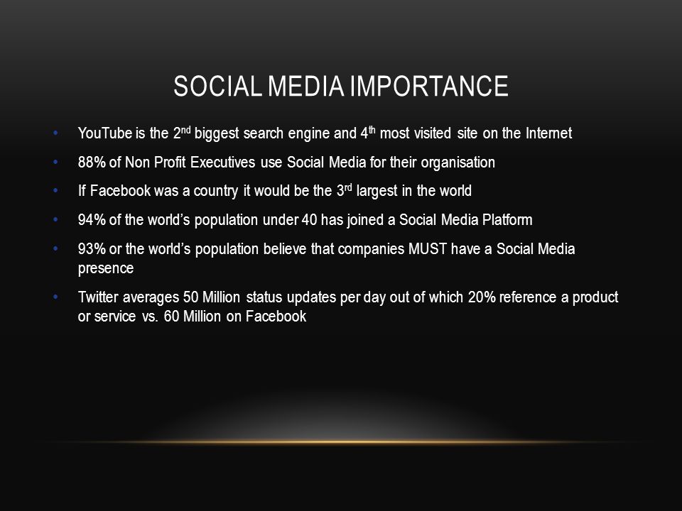 SOCIAL MEDIA IMPORTANCE YouTube is the 2 nd biggest search engine and 4 th most visited site on the Internet 88% of Non Profit Executives use Social Media for their organisation If Facebook was a country it would be the 3 rd largest in the world 94% of the world’s population under 40 has joined a Social Media Platform 93% or the world’s population believe that companies MUST have a Social Media presence Twitter averages 50 Million status updates per day out of which 20% reference a product or service vs.