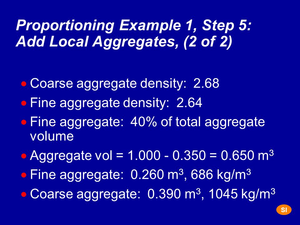 Proportioning Example 1, Step 5: Add Local Aggregates, (2 of 2)  Coarse aggregate density: 2.68  Fine aggregate density: 2.64  Fine aggregate: 40% of total aggregate volume  Aggregate vol = = m 3  Fine aggregate: m 3, 686 kg/m 3  Coarse aggregate: m 3, 1045 kg/m 3 SI