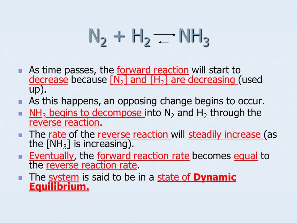 N 2 + H 2 NH 3 As time passes, the will start to because (used up).