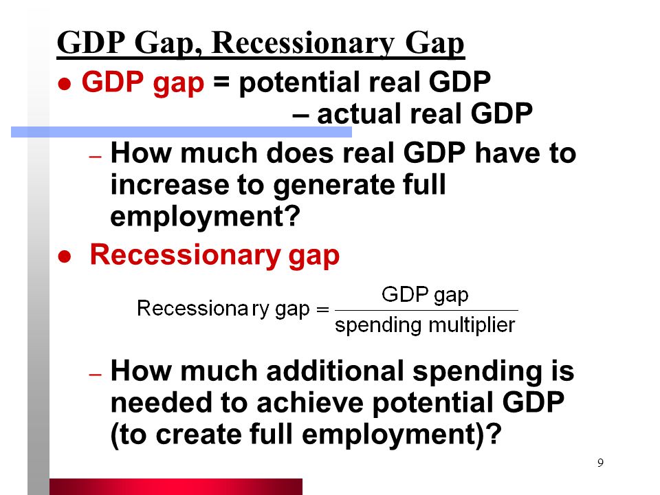 9 GDP Gap, Recessionary Gap GDP gap = potential real GDP – actual real GDP – How much does real GDP have to increase to generate full employment.
