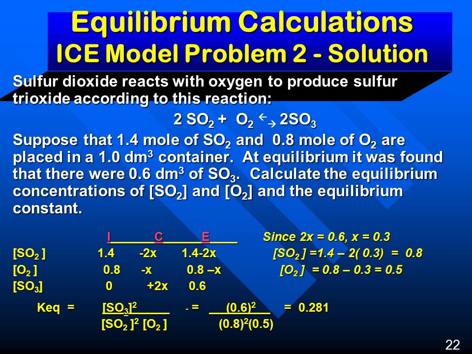 Equilibrium Calculations ICE Model Problem 2 - Solution Sulfur dioxide reacts with oxygen to produce sulfur trioxide according to this reaction: 2 SO 2 + O 2 2SO 3 2 SO 2 + O 2   2SO 3 Suppose that 1.4 mole of SO 2 and 0.8 mole of O 2 are placed in a 1.0 dm 3 container.