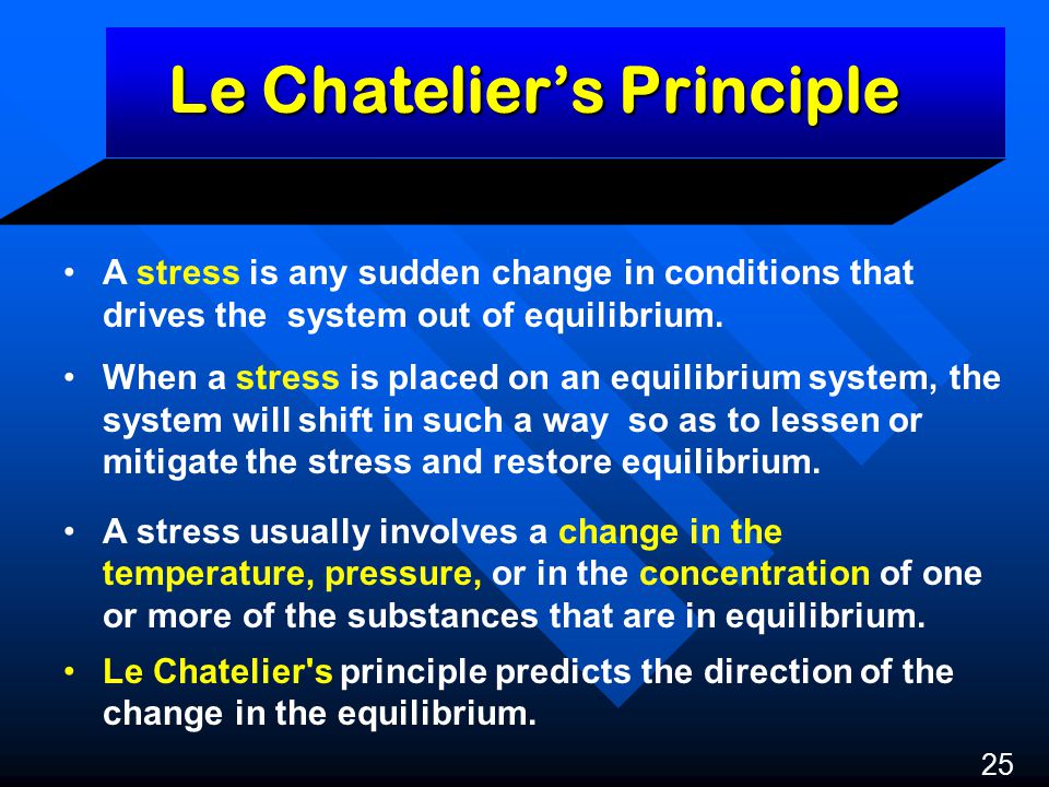 Le Chatelier’s Principle 25 A stress is any sudden change in conditions that drives the system out of equilibrium.