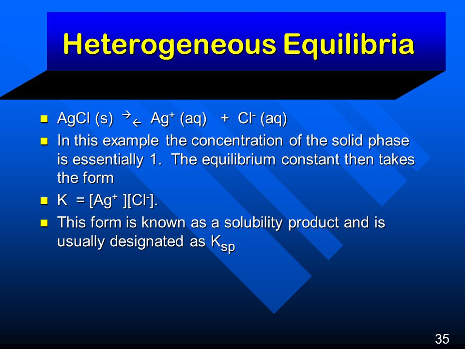 Heterogeneous Equilibria AgCl (s)   Ag + (aq) + Cl - (aq) AgCl (s)   Ag + (aq) + Cl - (aq) In this example the concentration of the solid phase is essentially 1.