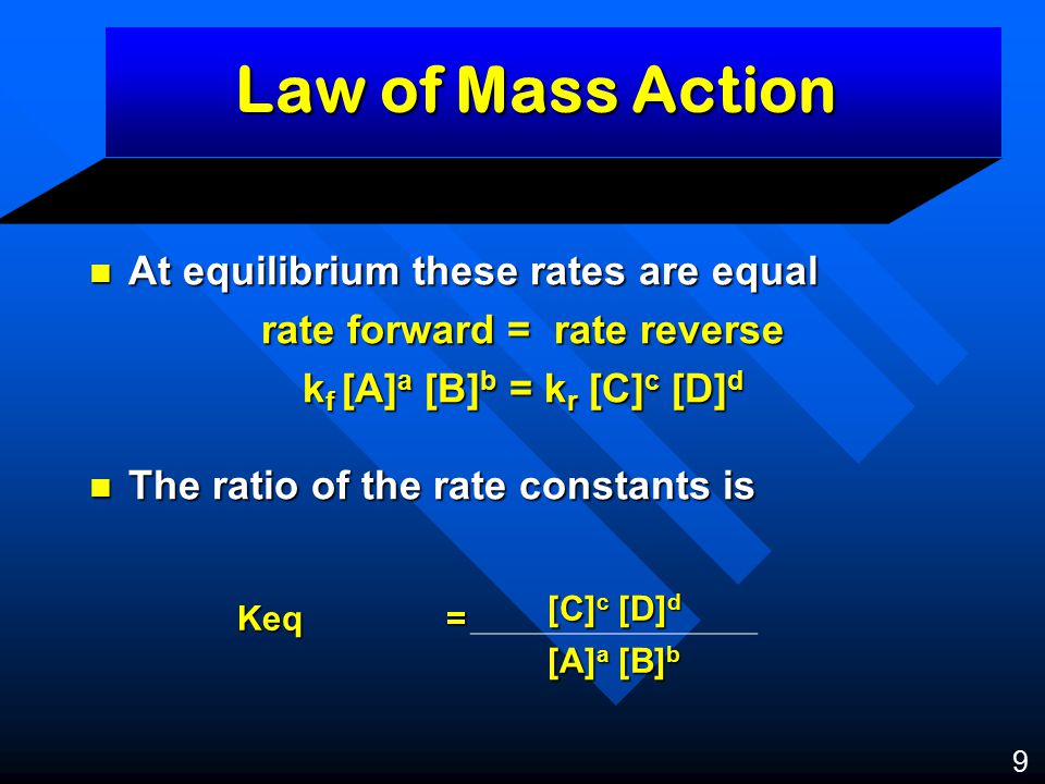 Law of Mass Action At equilibrium these rates are equal At equilibrium these rates are equal rate forward = rate reverse k f [A] a [B] b = k r [C] c [D] d The ratio of the rate constants is The ratio of the rate constants is Keq= [C] c [D] d [A] a [B] b 9