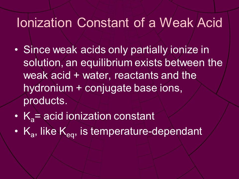 Ionization Constant of a Weak Acid Since weak acids only partially ionize in solution, an equilibrium exists between the weak acid + water, reactants and the hydronium + conjugate base ions, products.