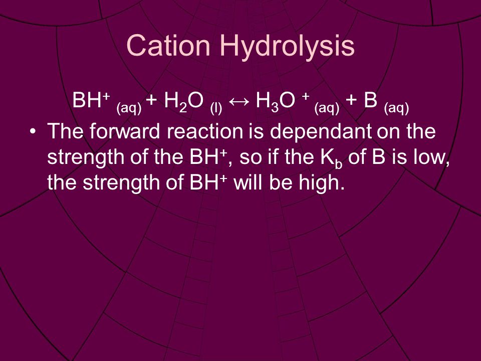 Cation Hydrolysis BH + (aq) + H 2 O (l) ↔ H 3 O + (aq) + B (aq) The forward reaction is dependant on the strength of the BH +, so if the K b of B is low, the strength of BH + will be high.