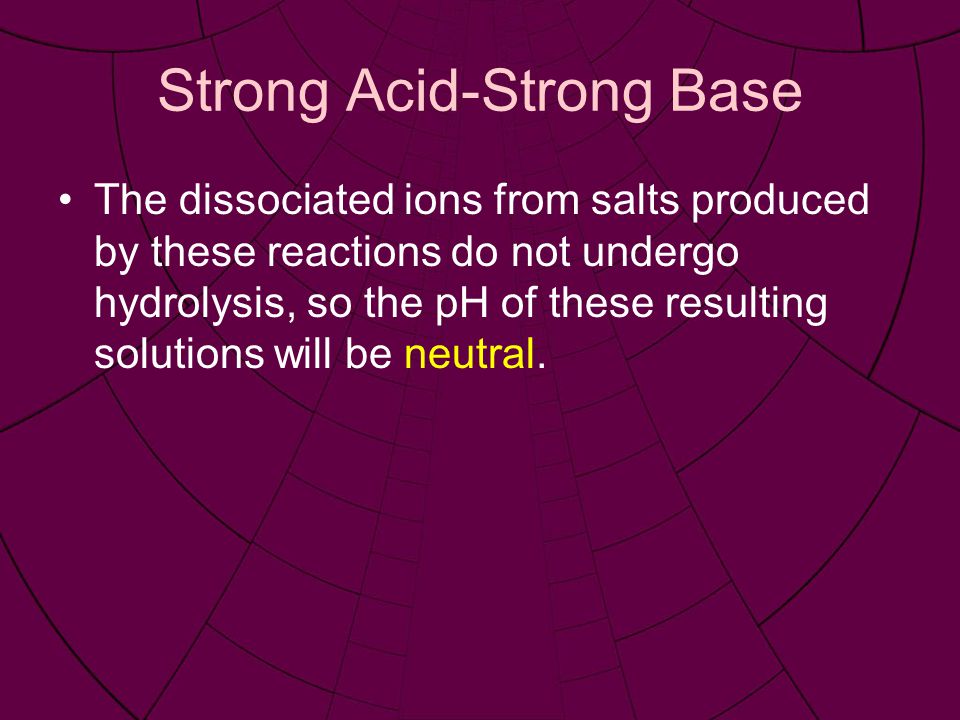 Strong Acid-Strong Base The dissociated ions from salts produced by these reactions do not undergo hydrolysis, so the pH of these resulting solutions will be neutral.