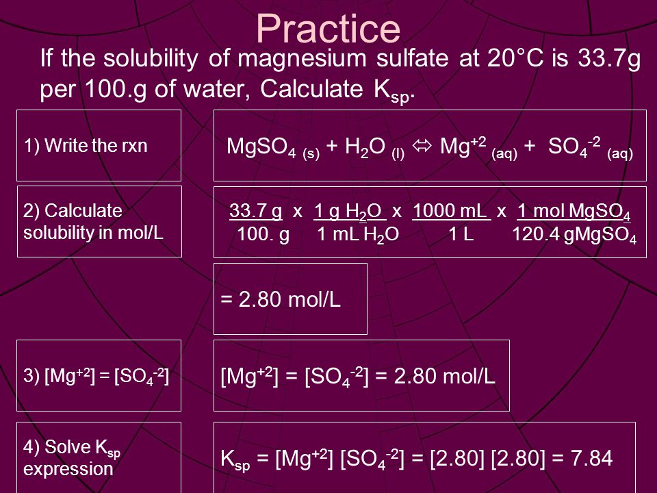 Practice If the solubility of magnesium sulfate at 20°C is 33.7g per 100.g of water, Calculate K sp.