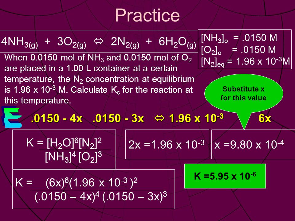 Practice 4NH 3(g) + 3O 2(g)  2N 2(g) + 6H 2 O (g) [NH 3 ] o =.0150 M [O 2 ] o =.0150 M [N 2 ] eq = 1.96 x M When mol of NH 3 and mol of O 2 are placed in a 1.00 L container at a certain temperature, the N 2 concentration at equilibrium is 1.96 x M.