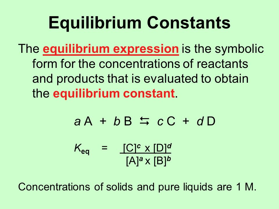 Equilibrium Constants The equilibrium expression is the symbolic form for the concentrations of reactants and products that is evaluated to obtain the equilibrium constant.