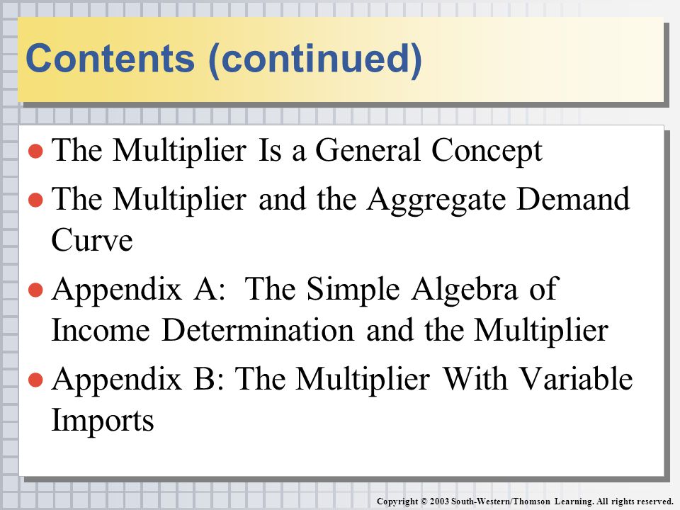 ●The Multiplier Is a General Concept ●The Multiplier and the Aggregate Demand Curve ●Appendix A: The Simple Algebra of Income Determination and the Multiplier ●Appendix B: The Multiplier With Variable Imports ●The Multiplier Is a General Concept ●The Multiplier and the Aggregate Demand Curve ●Appendix A: The Simple Algebra of Income Determination and the Multiplier ●Appendix B: The Multiplier With Variable Imports Contents (continued) Copyright © 2003 South-Western/Thomson Learning.
