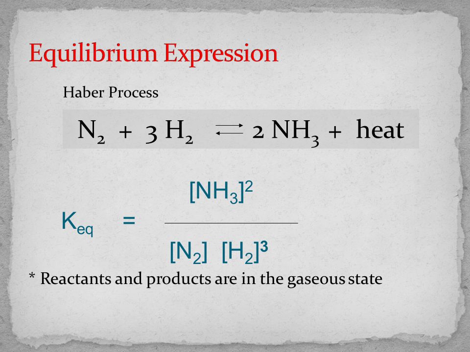 N H 2 2 NH 3 + heat Haber Process [NH 3 ] 2 K eq = [N 2 ] [H 2 ] 3 * Reactants and products are in the gaseous state