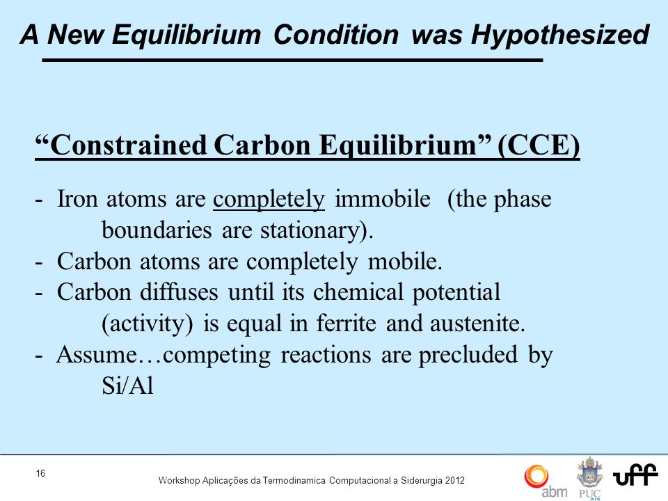 16 Workshop Aplicações da Termodinamica Computacional a Siderurgia 2012 A New Equilibrium Condition was Hypothesized Constrained Carbon Equilibrium (CCE) - Iron atoms are completely immobile (the phase boundaries are stationary).