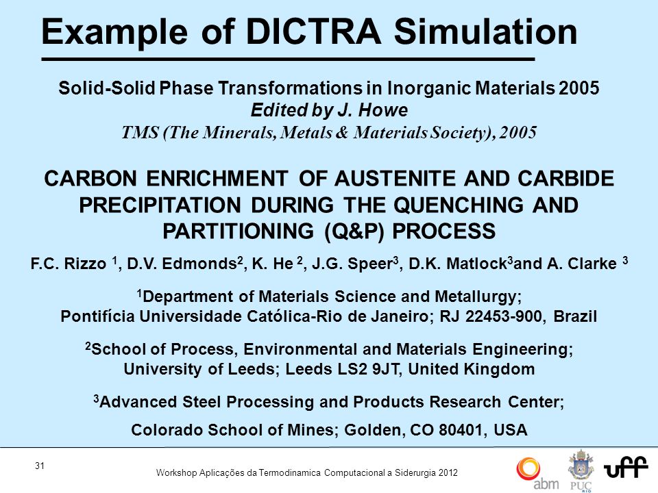 31 Workshop Aplicações da Termodinamica Computacional a Siderurgia 2012 Example of DICTRA Simulation Solid-Solid Phase Transformations in Inorganic Materials 2005 Edited by J.