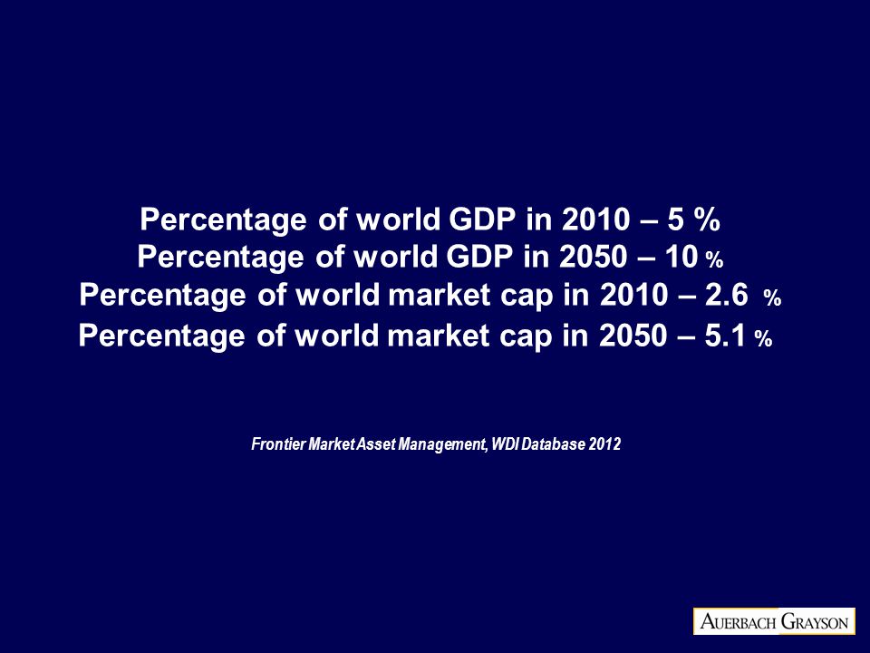 Percentage of world GDP in 2010 – 5 % Percentage of world GDP in 2050 – 10 % Percentage of world market cap in 2010 – 2.6 % Percentage of world market cap in 2050 – 5.1 % Frontier Market Asset Management, WDI Database 2012