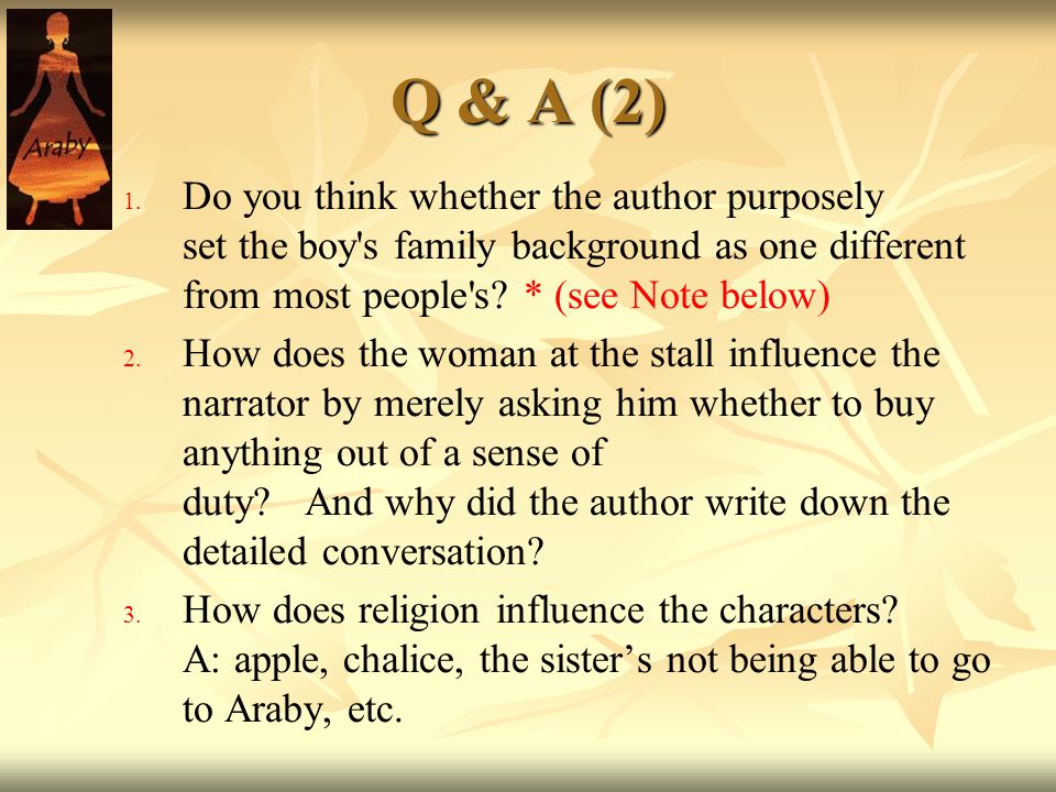 Araby Why an impossible quest?. Outline 1. Your Q&A 2. Social Background 3.  You & “Araby” 4. The Boy's Language: Image & Symbol 5. Group  Discussion/Rehearsal. - ppt download