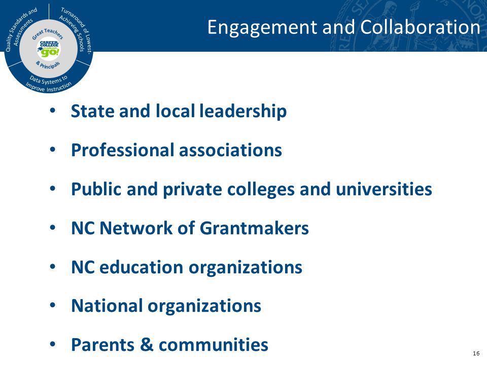 16 Engagement and Collaboration State and local leadership Professional associations Public and private colleges and universities NC Network of Grantmakers NC education organizations National organizations Parents & communities