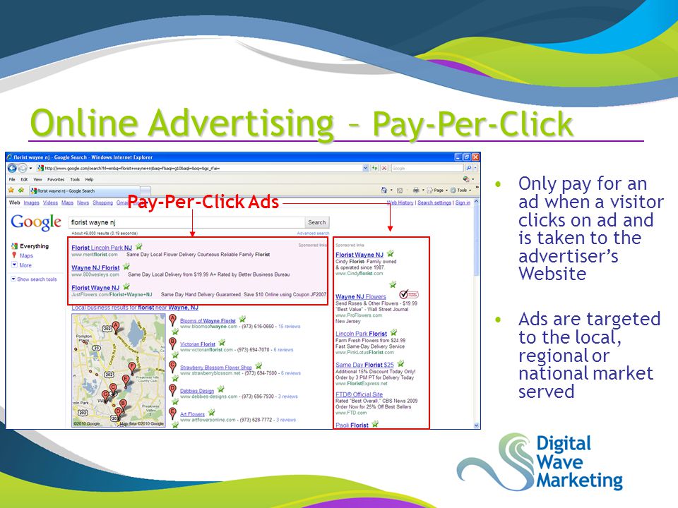 Pay-Per-Click Ads Only pay for an ad when a visitor clicks on ad and is taken to the advertiser’s Website Ads are targeted to the local, regional or national market served Online Advertising – Pay-Per-Click