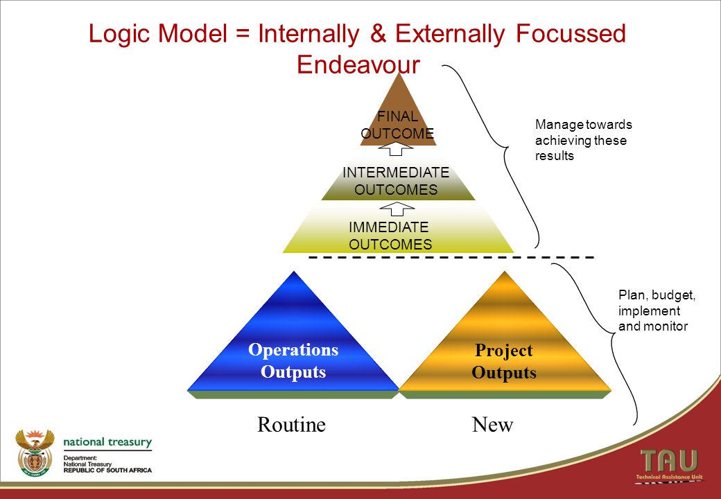 FINAL OUTCOME INTERMEDIATE OUTCOMES Plan, budget, implement and monitor Manage towards achieving these results Logic Model = Internally & Externally Focussed Endeavour IMMEDIATE OUTCOMES Operations Outputs Project Outputs RoutineNew