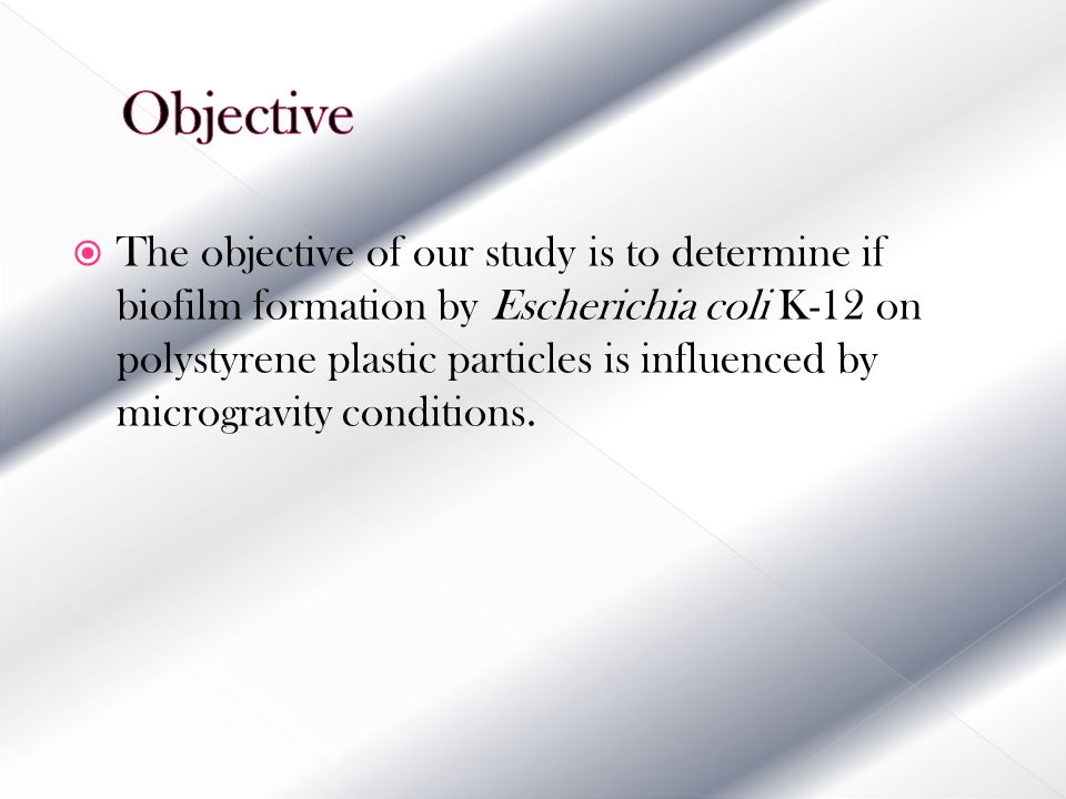  The objective of our study is to determine if biofilm formation by Escherichia coli K-12 on polystyrene plastic particles is influenced by microgravity conditions.