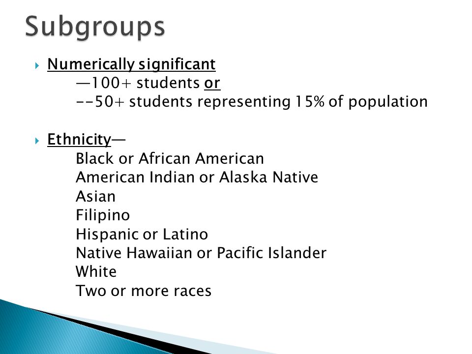  Numerically significant —100+ students or students representing 15% of population  Ethnicity— Black or African American American Indian or Alaska Native Asian Filipino Hispanic or Latino Native Hawaiian or Pacific Islander White Two or more races