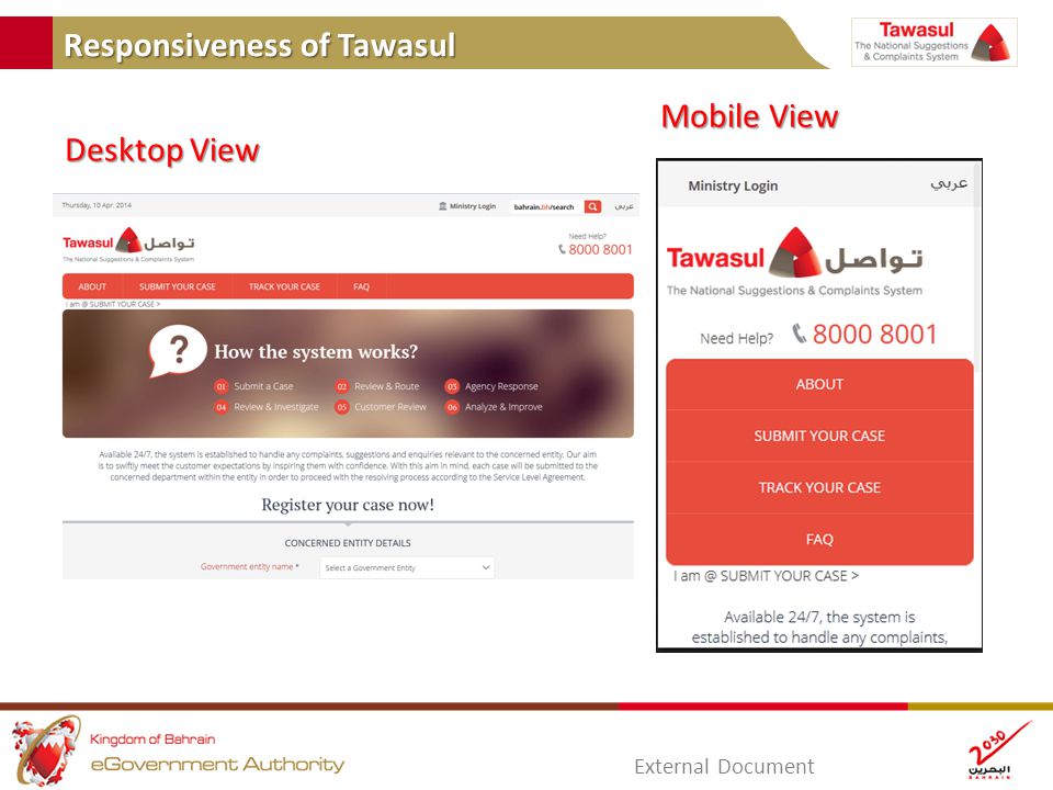 Responsiveness of Tawasul External Document Desktop View Mobile View
