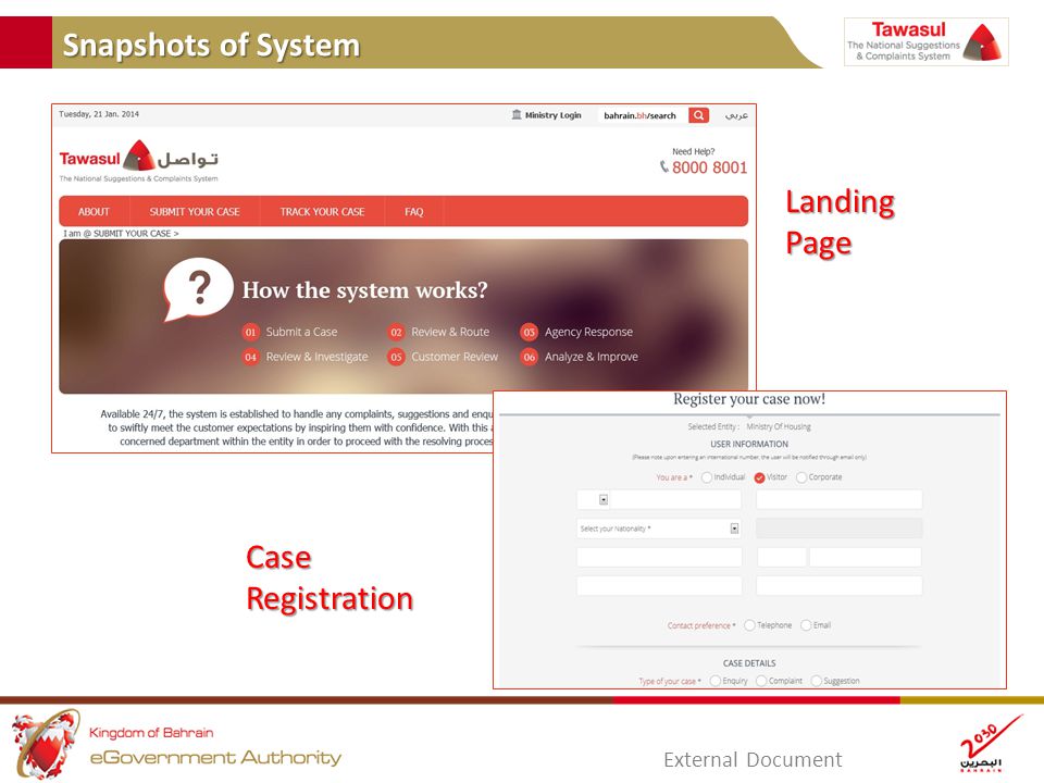 Snapshots of System External Document Landing Page Case Registration