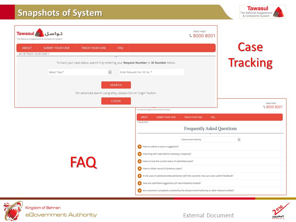 Snapshots of System External Document Case Tracking FAQ