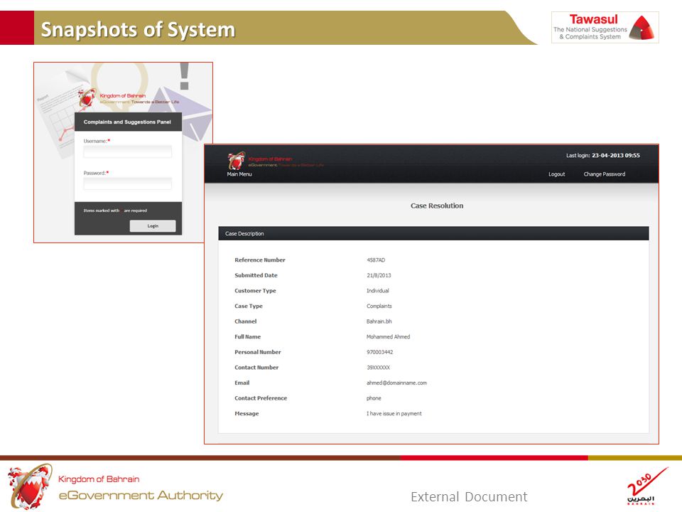 Snapshots of System External Document