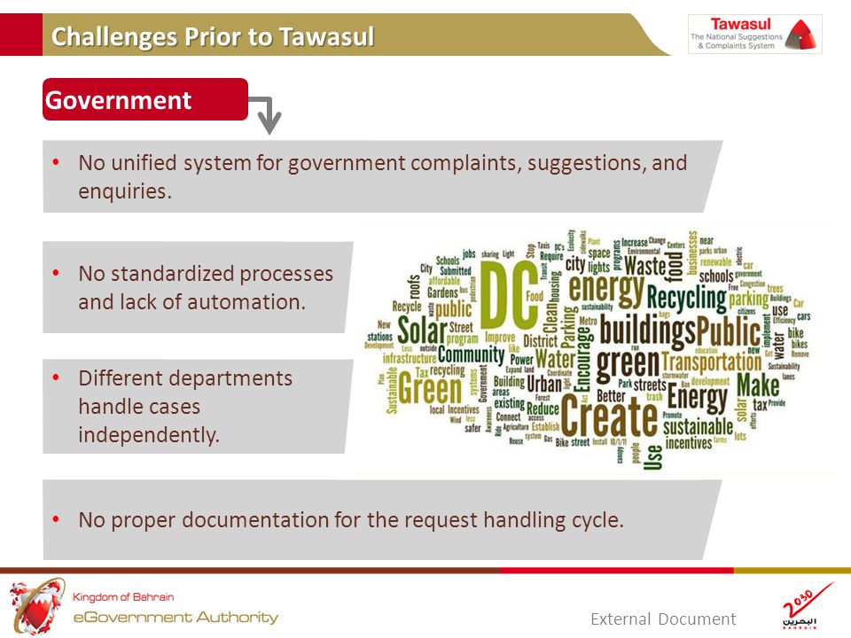 External Document Challenges Prior to Tawasul Government No standardized processes and lack of automation.