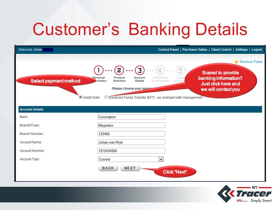 Customer’s Banking Details