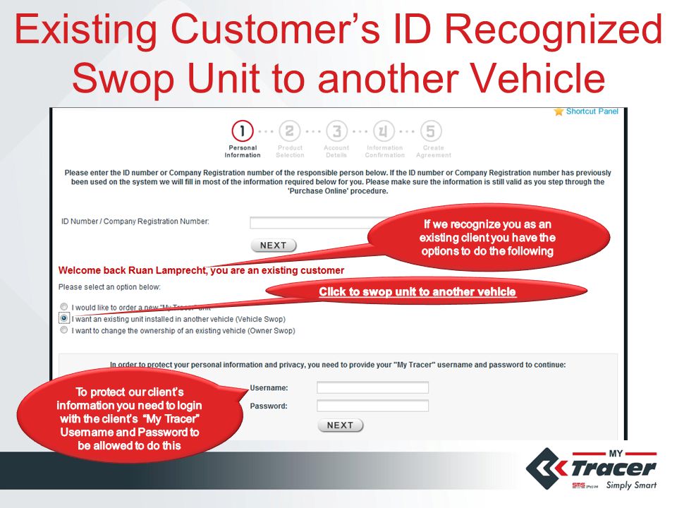 Existing Customer’s ID Recognized Swop Unit to another Vehicle
