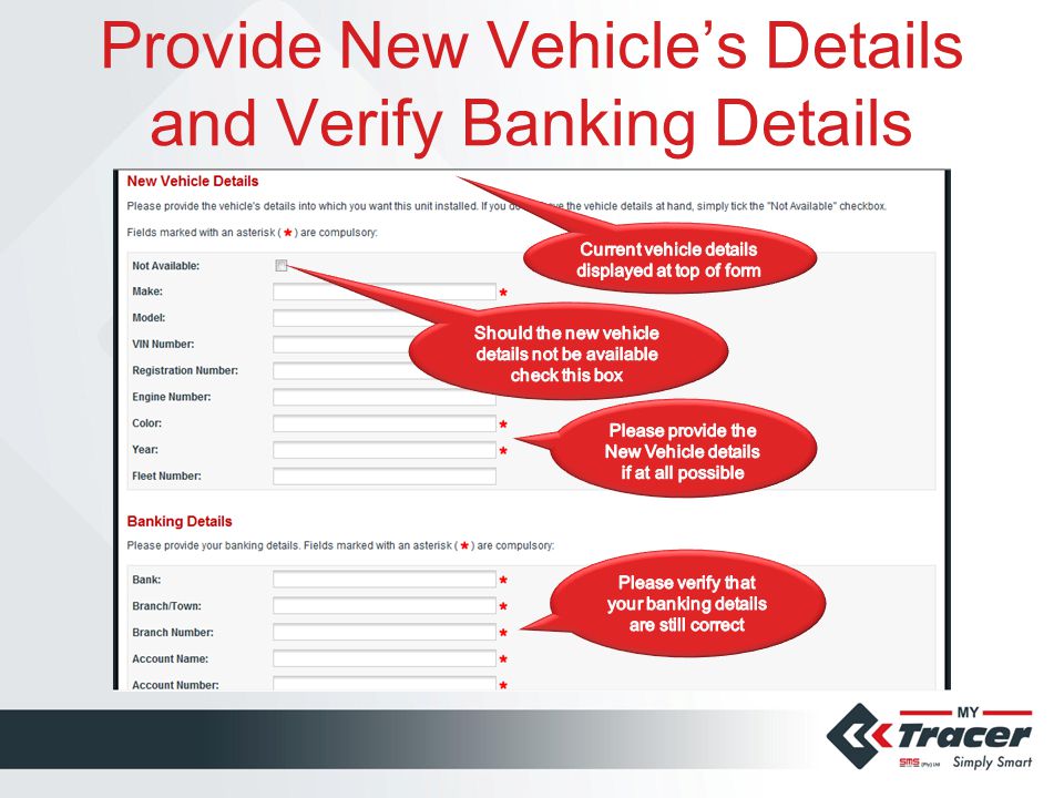 Provide New Vehicle’s Details and Verify Banking Details