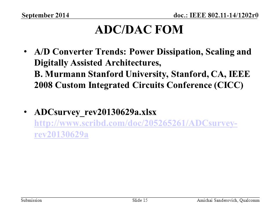 Submission doc.: IEEE /1202r0September 2014 Amichai Sanderovich, QualcommSlide 15 ADC/DAC FOM A/D Converter Trends: Power Dissipation, Scaling and Digitally Assisted Architectures, B.