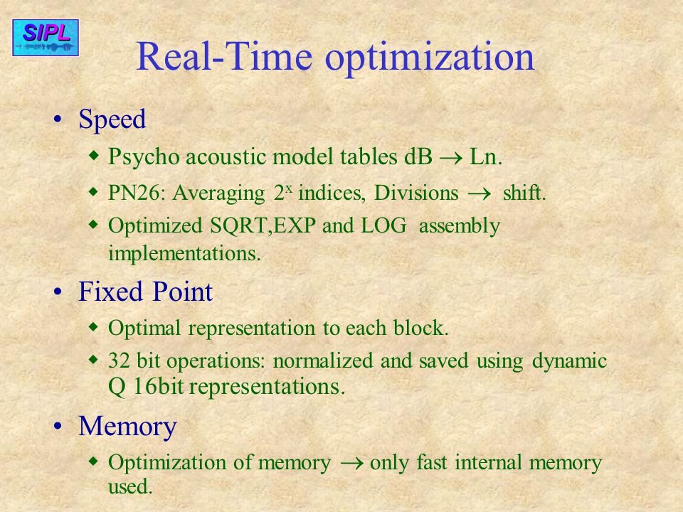 Real-Time optimization Speed  Psycho acoustic model tables dB  Ln.