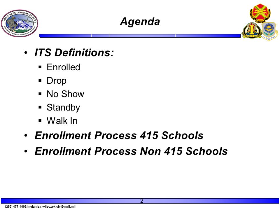(253) Agenda ITS Definitions:  Enrolled  Drop  No Show  Standby  Walk In Enrollment Process 415 Schools Enrollment Process Non 415 Schools 2