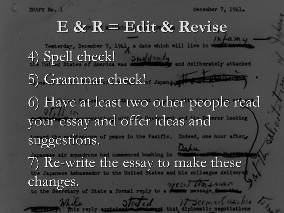 E & R = Edit & Revise 4) Spell check. 5) Grammar check.