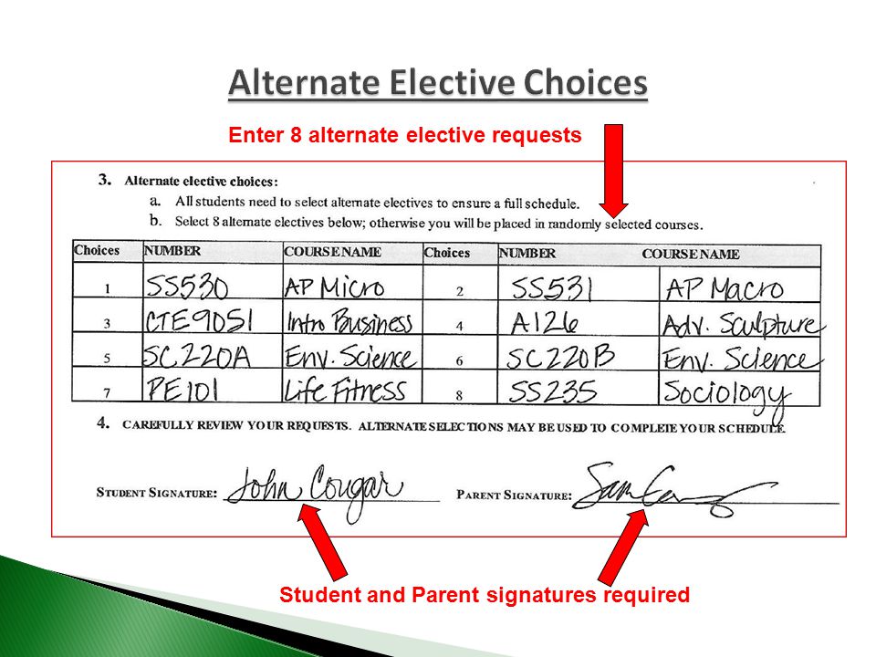 Enter 8 alternate elective requests Student and Parent signatures required