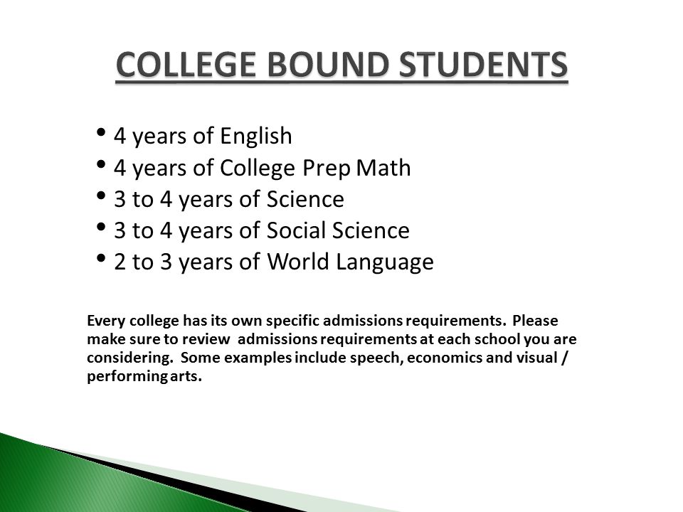 4 years of English 4 years of College Prep Math 3 to 4 years of Science 3 to 4 years of Social Science 2 to 3 years of World Language Every college has its own specific admissions requirements.