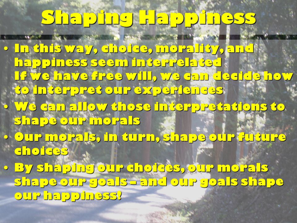 Shaping Happiness In this way, choice, morality, and happiness seem interrelated If we have free will, we can decide how to interpret our experiencesIn this way, choice, morality, and happiness seem interrelated If we have free will, we can decide how to interpret our experiences We can allow those interpretations to shape our moralsWe can allow those interpretations to shape our morals Our morals, in turn, shape our future choicesOur morals, in turn, shape our future choices By shaping our choices, our morals shape our goals – and our goals shape our happiness!By shaping our choices, our morals shape our goals – and our goals shape our happiness!